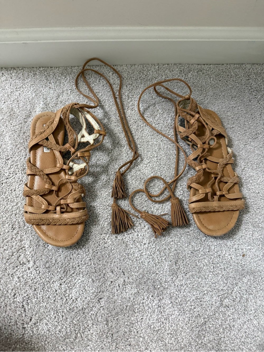 BCBGeneration Tan Lace-Up Braided Gladiator Sandals with Tassels